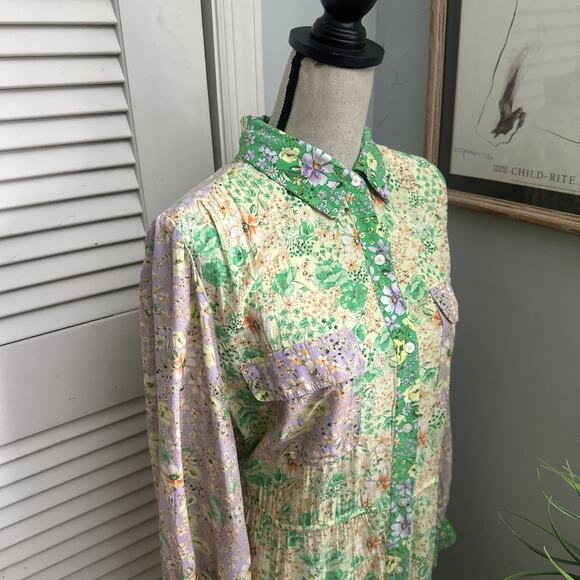 ANN TAYLOR LOFT Shirt Dress Womens Large Green Floral Maxi Godet Pastel Romantic - Picture 5 of 12